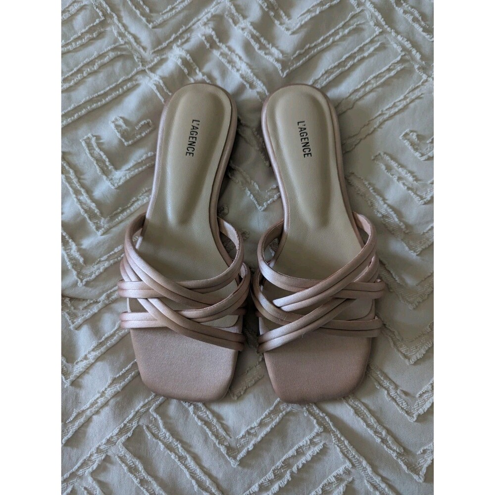 L'AGENCE Blush Pink Satin Slide Sandals Mules Square Toe Size 6 wedding guest
